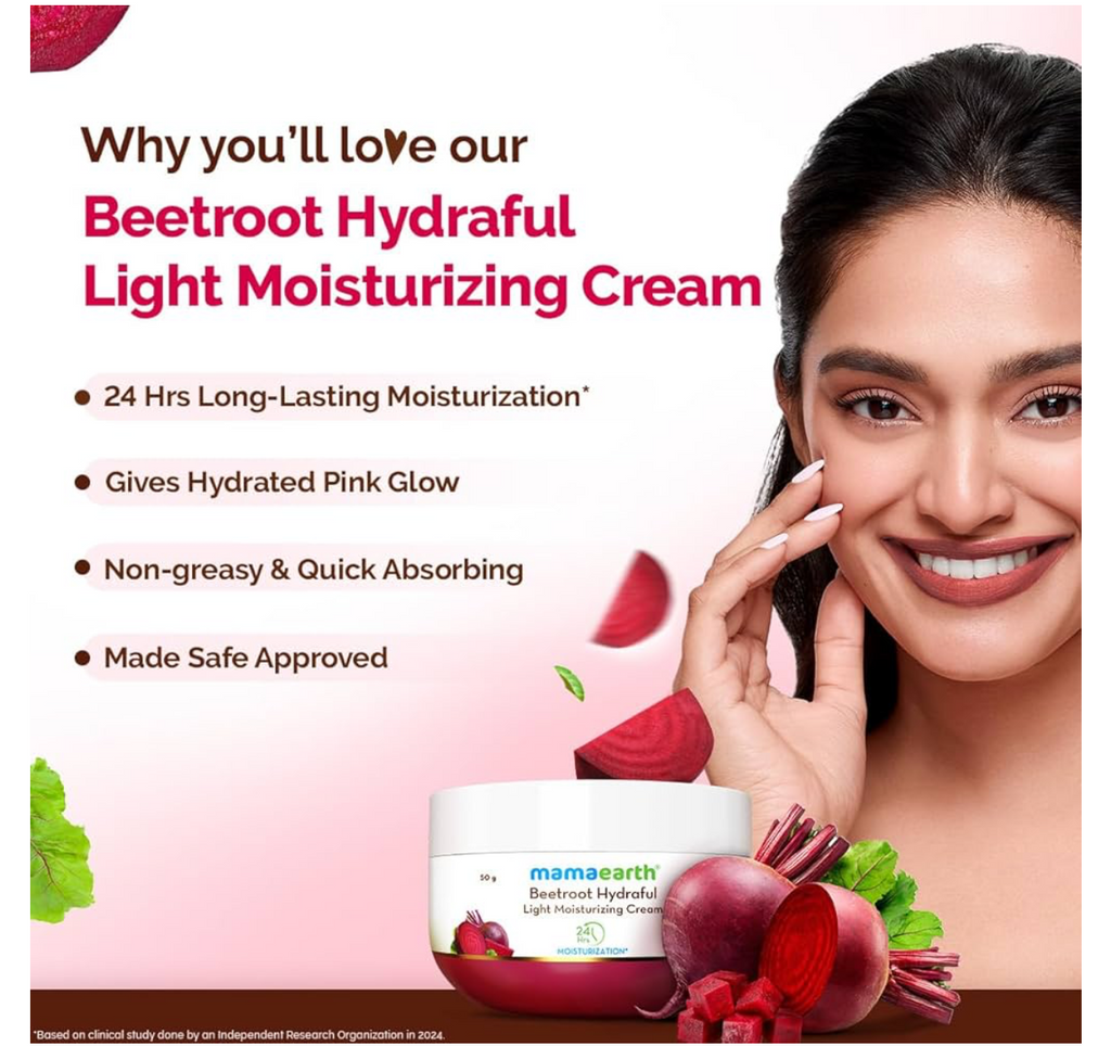 Mamaearth Beetroot Hydraful Light Moisturizing Cream with Beetroot & Hyaluronic Acid for Pink Glow 50g | For Face, Hand & Body | 24H Moisturization | Quick Absorbing, Non-Greasy | Soft Moisturizer